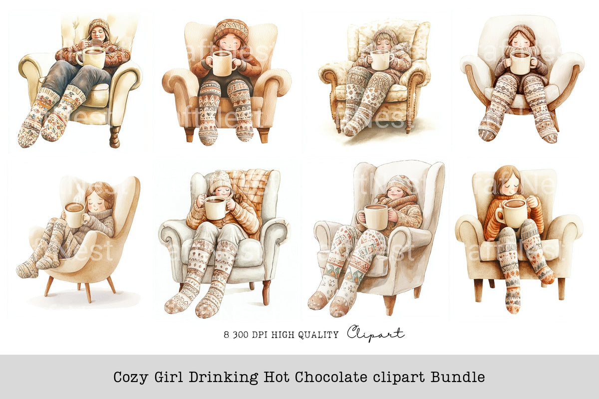 Cozy Girl Drinking Hot Chocolate Clipart Bundle