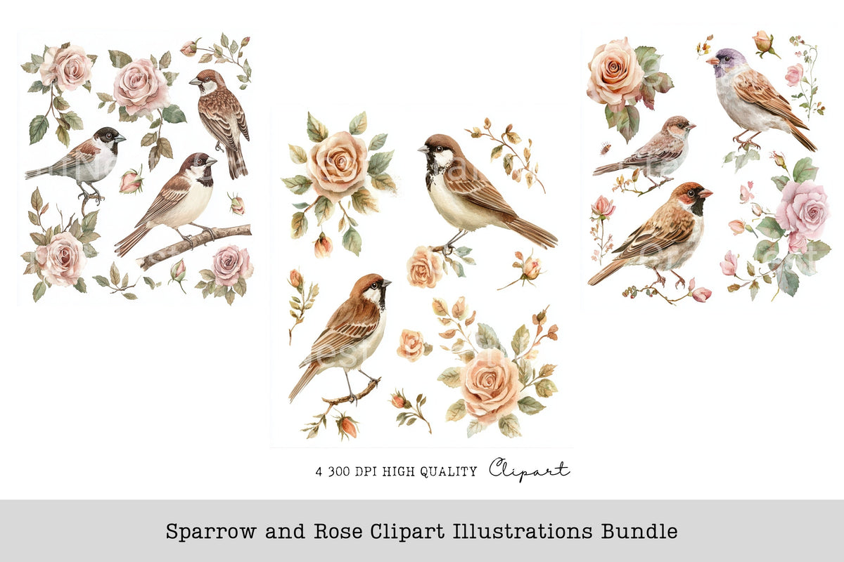Sparrow And Rose Illustrations Clipart Bundle