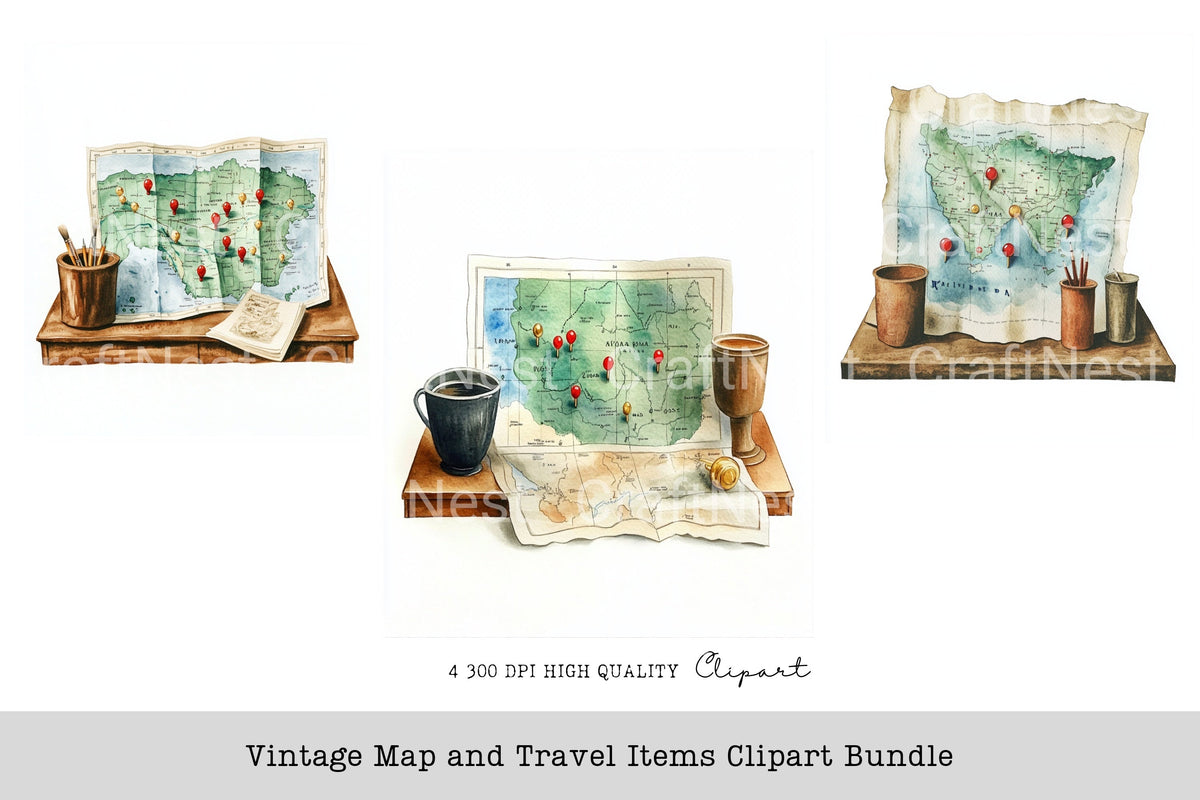 Vintage Map And Travel Items Clipart Bundle