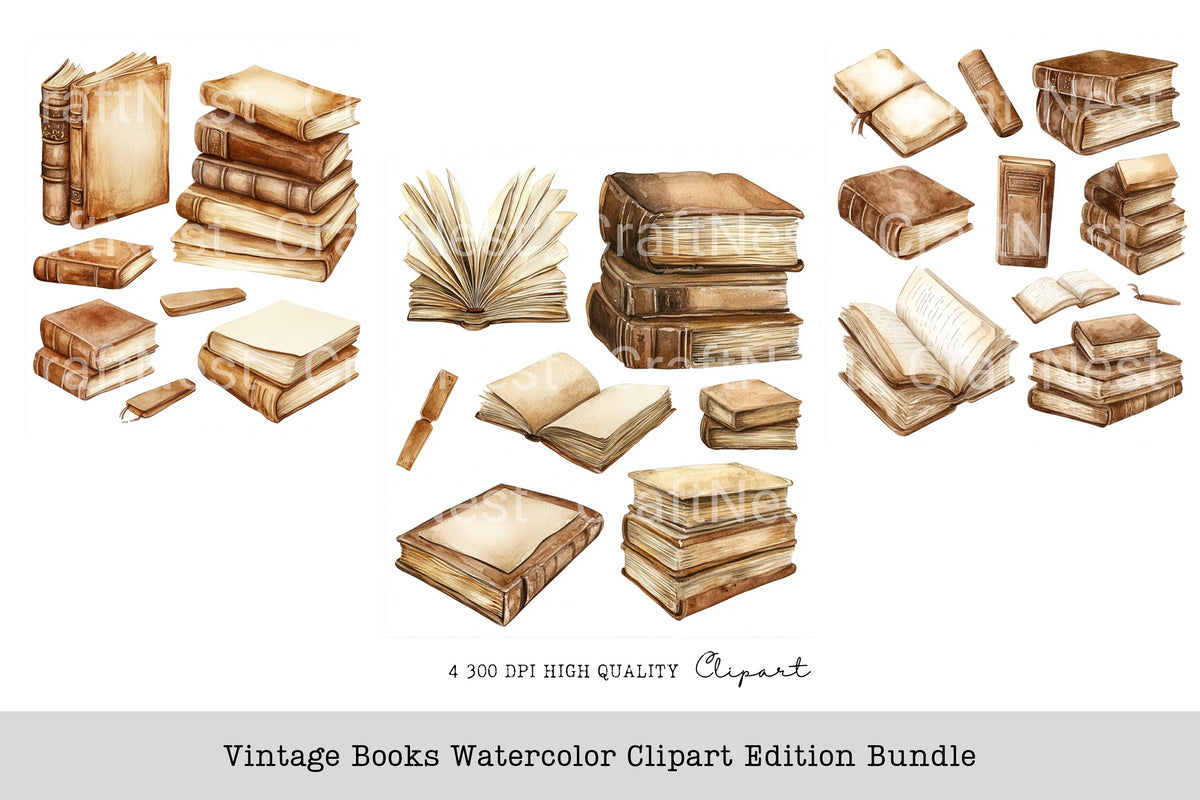 Vintage Books Watercolor Clipart Edition Planner