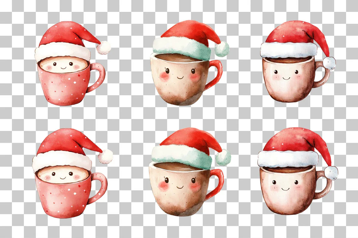 Kawaii Tea Cup with Santa Hat Clipart Bundle - CraftNest - Digital Crafting and Art