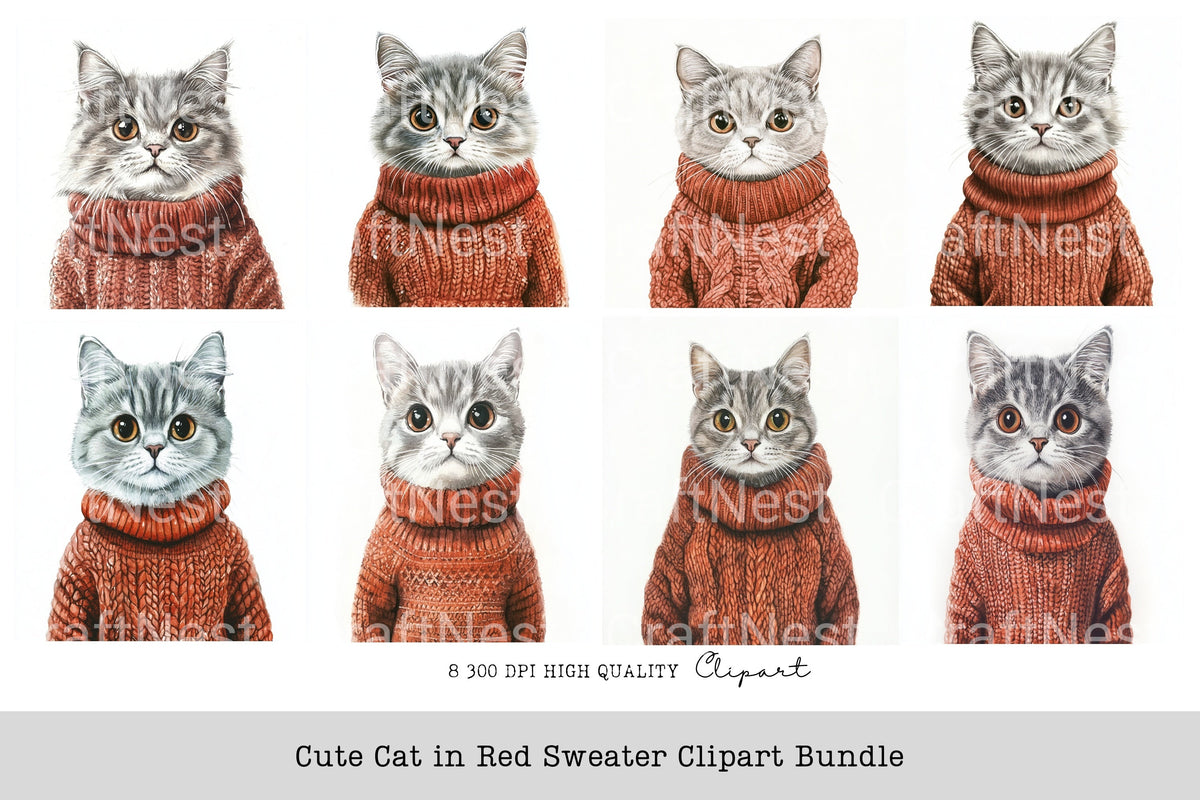 Cute Cat In Red Sweater Clipart Bundle