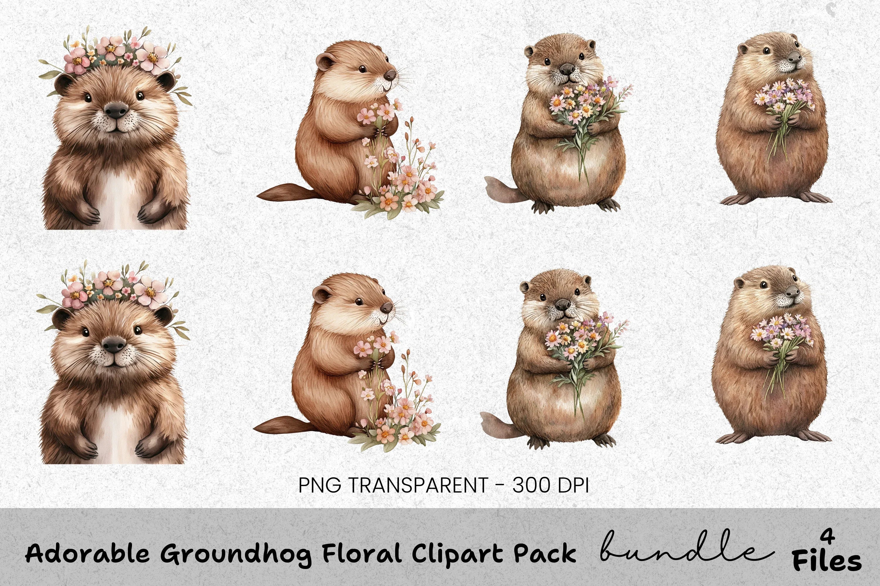 Adorable Groundhog Floral Clipart Bundle