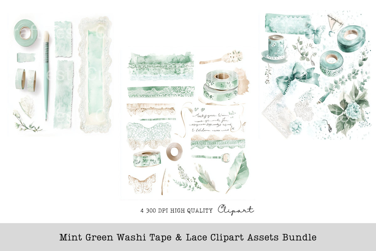 Mint Green Washi Tape Lace Clipart Bundle