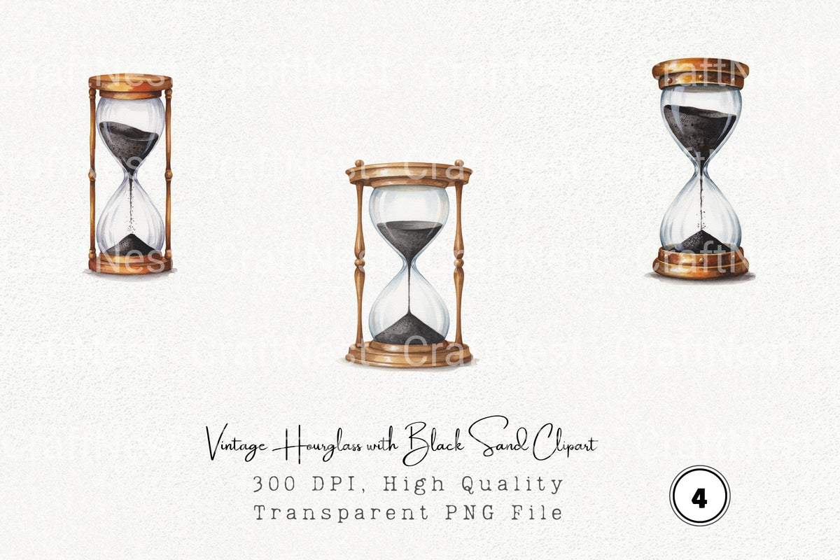 Vintage Hourglass With Black Sand Clipart Bundle