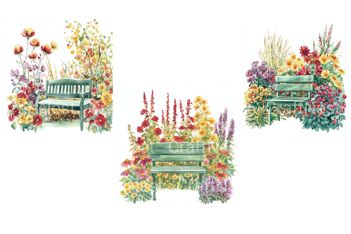 Garden Bench With Autumn Flowers Clipart Bundle