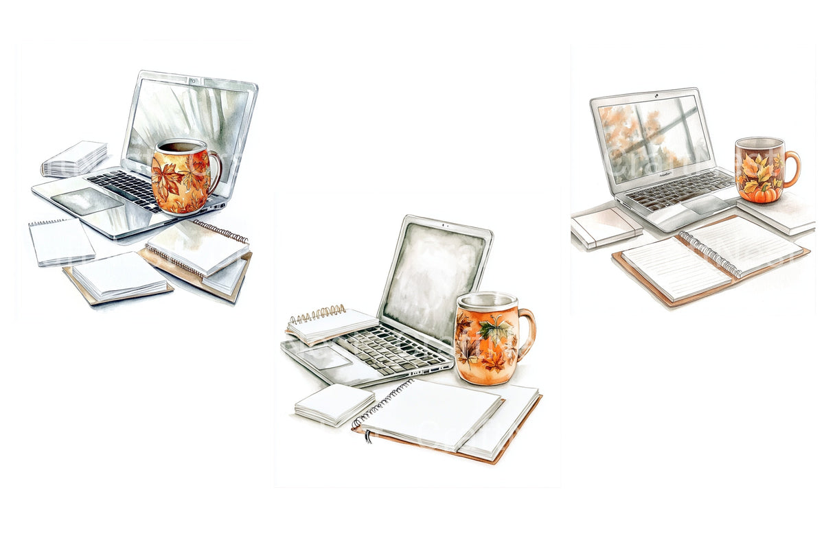 Autumn Workspace Laptop Clipart Bundle