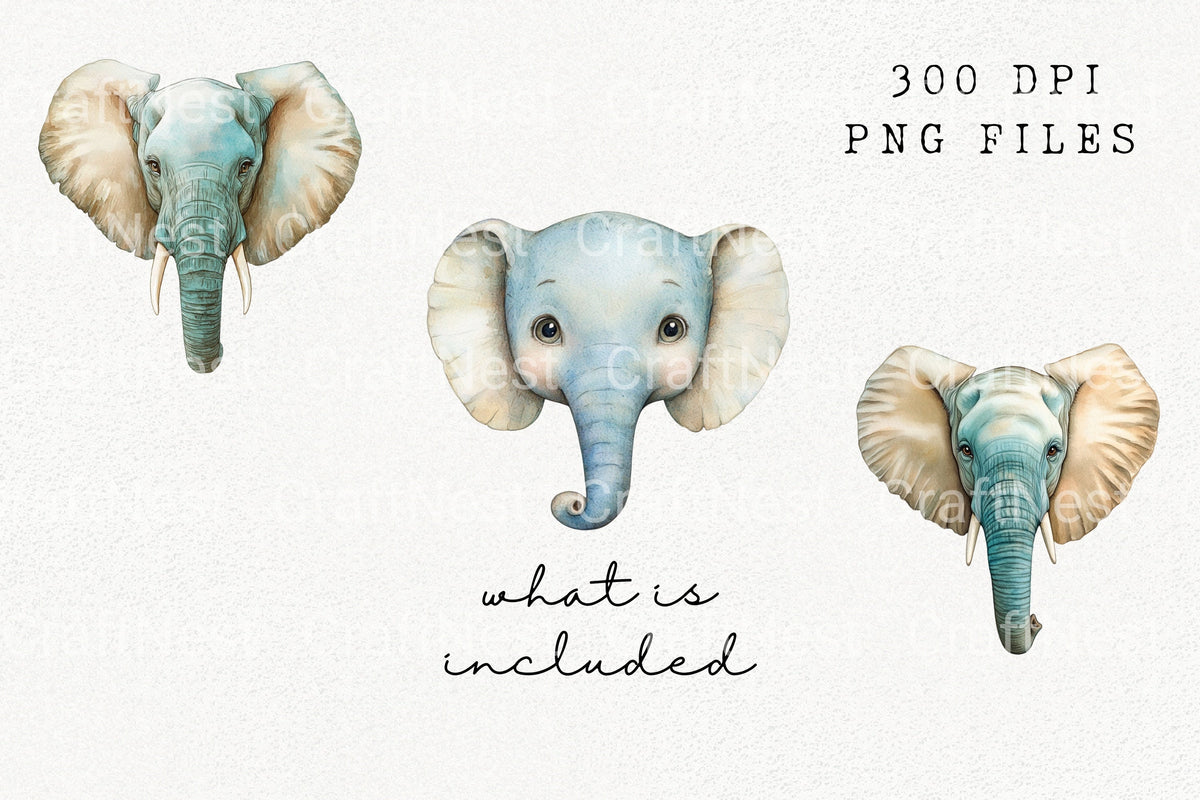 Baby Elephant Faces Clipart Bundle