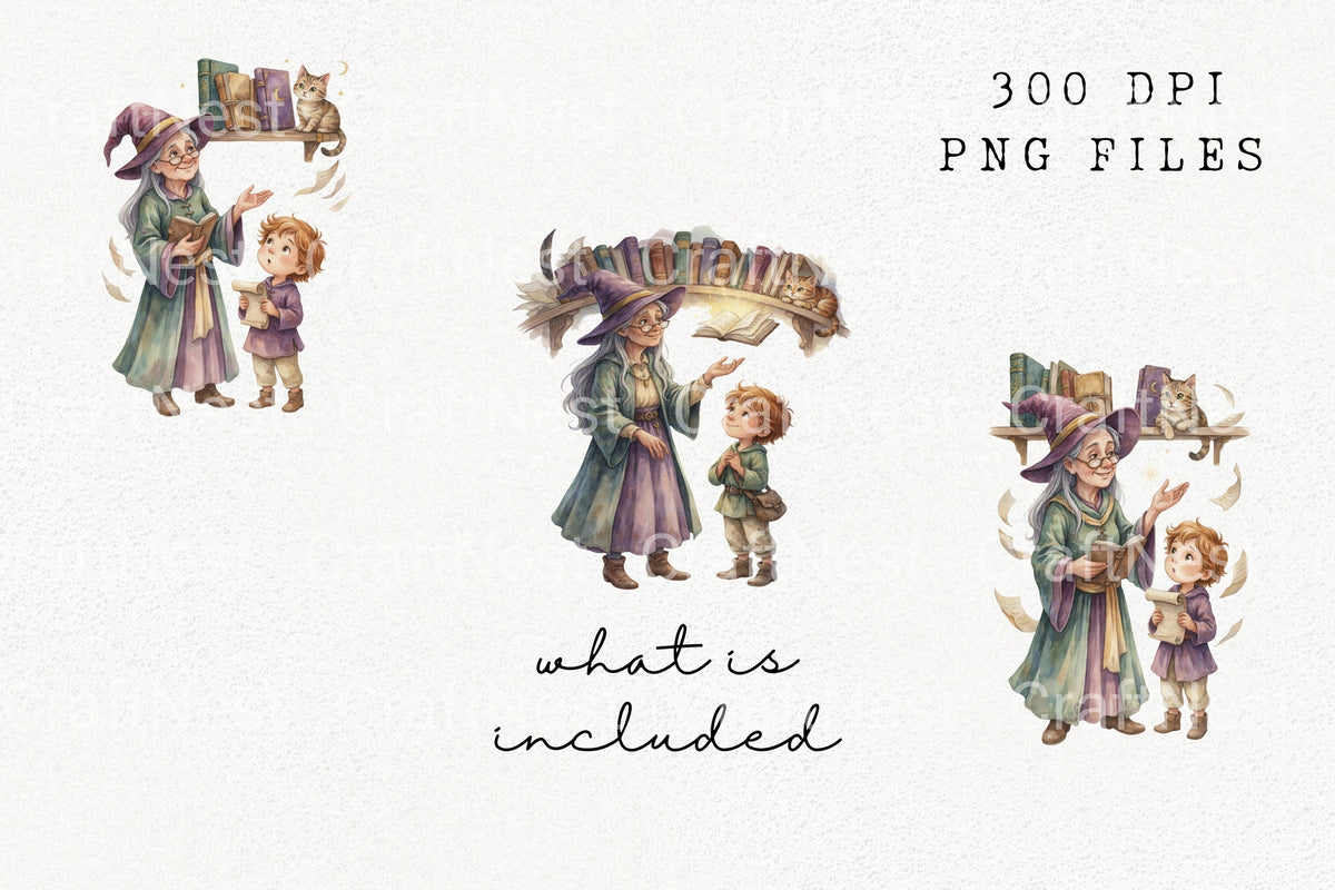 Old Witch And Boy Reading Books Clipart Planner