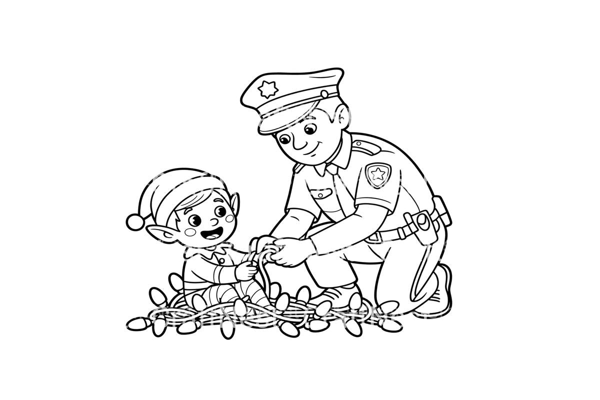 Police Officer and Elf Christmas Lights Coloring Books