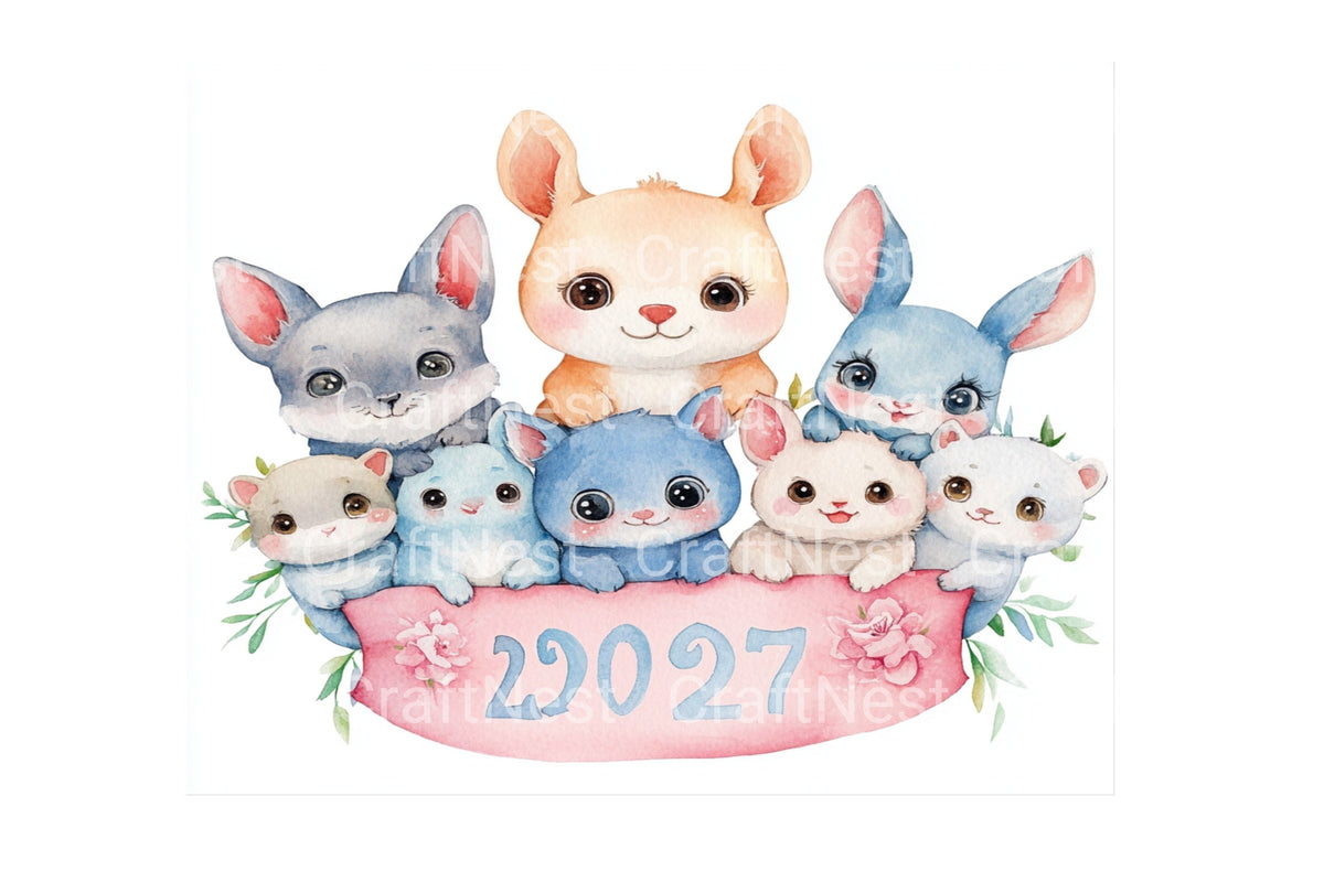 Cute Baby Animals New Year 2027 Clipart Bundle