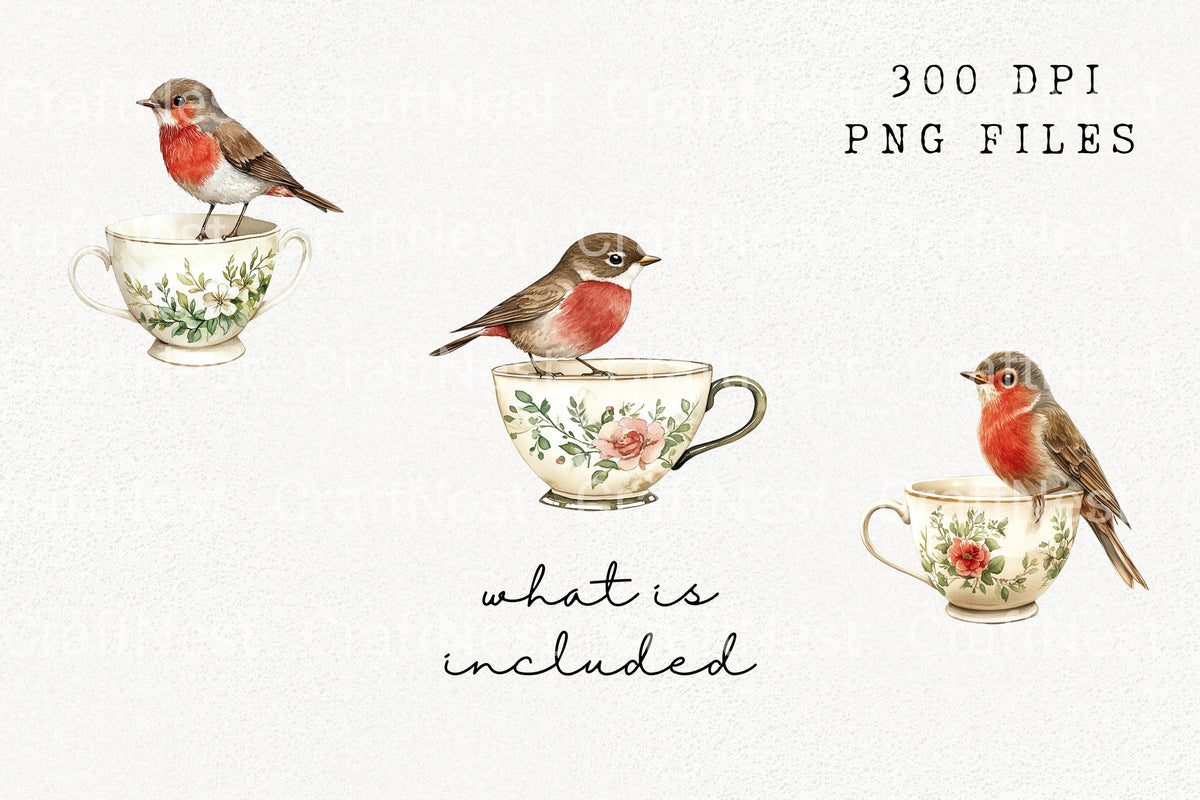 Robin On Floral Teacup Clipart Bundle