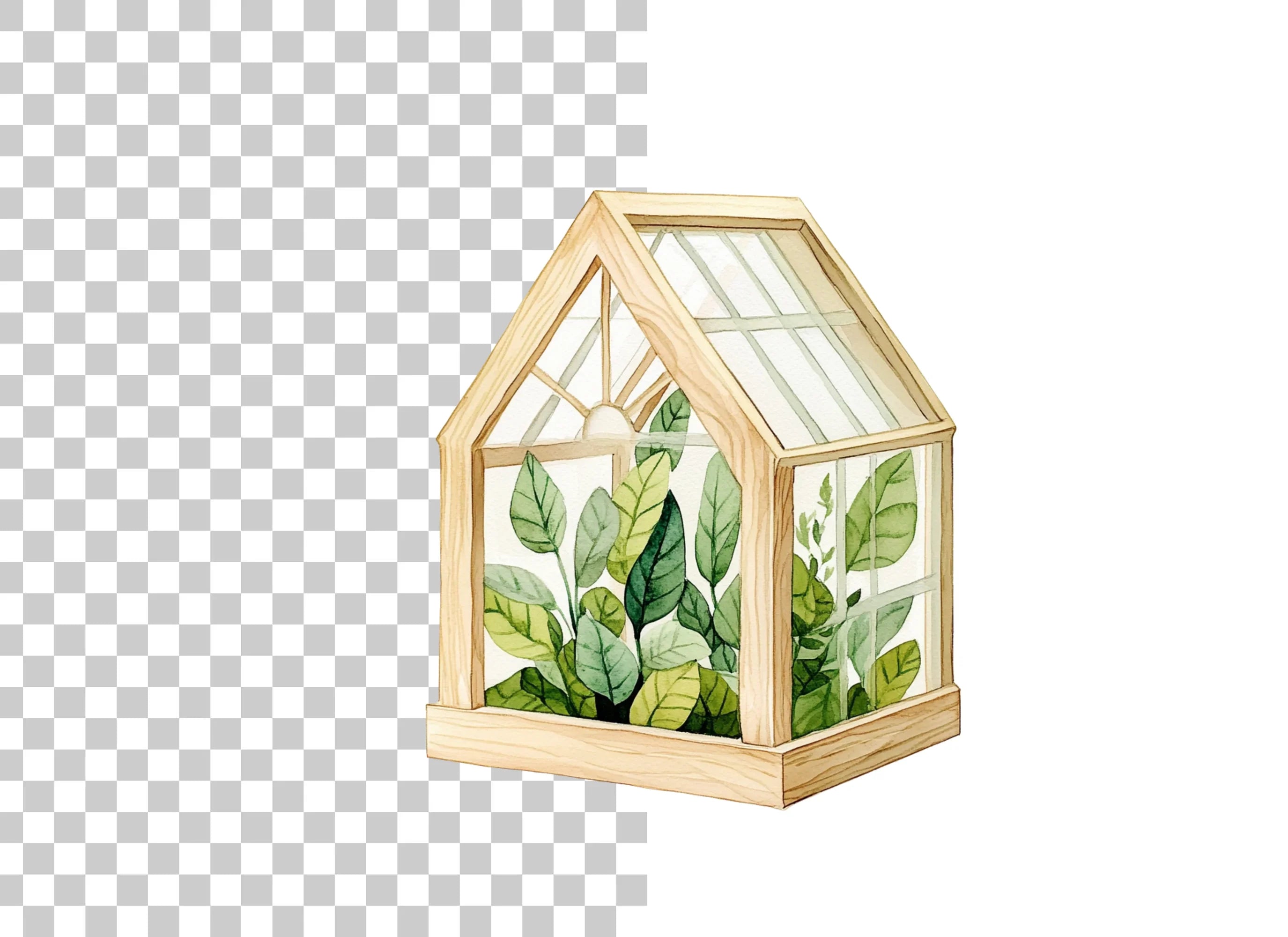 Wooden Greenhouse with Plants Clipart Bundle