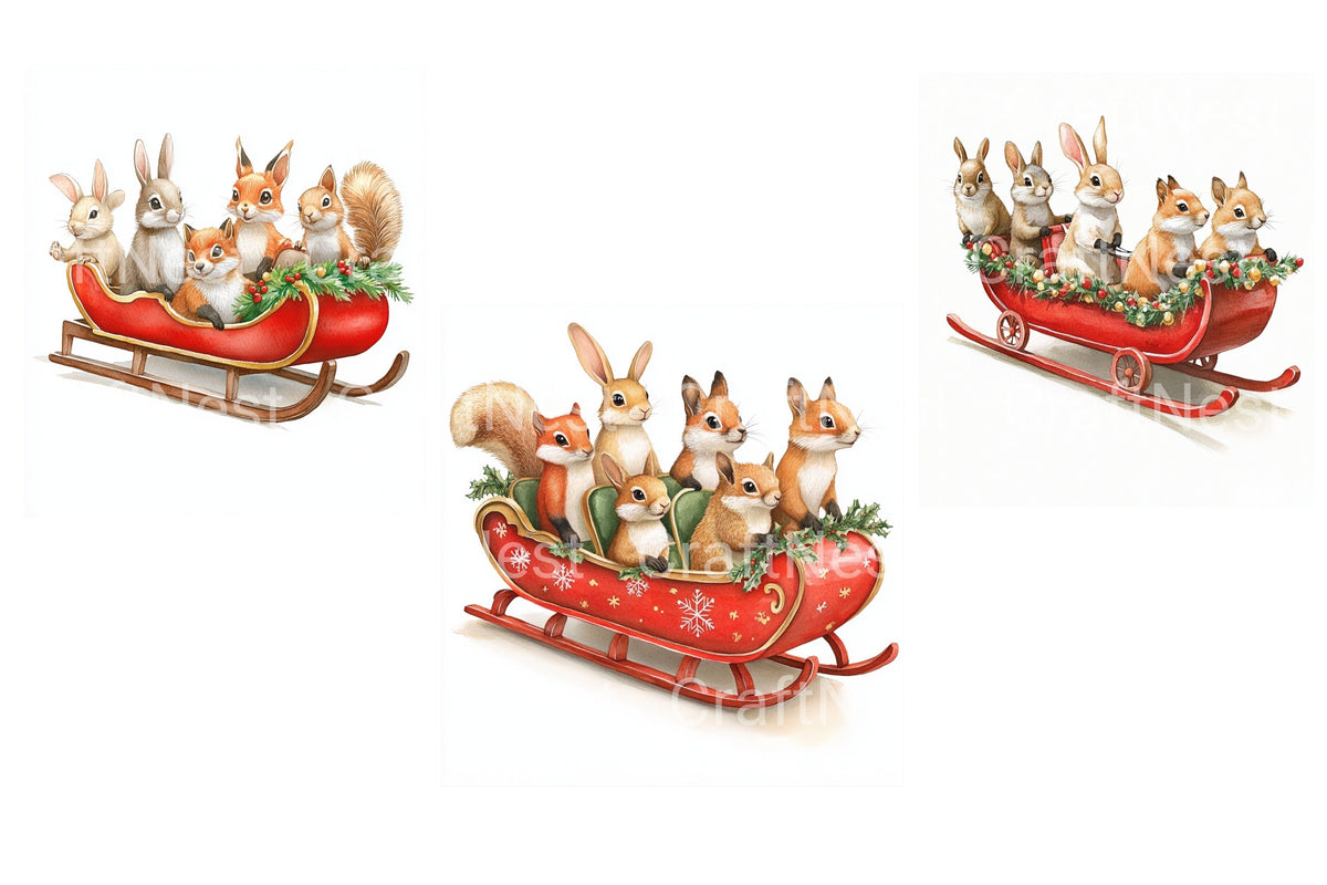 Woodland Animals In Christmas Sleigh Clipart Bundle