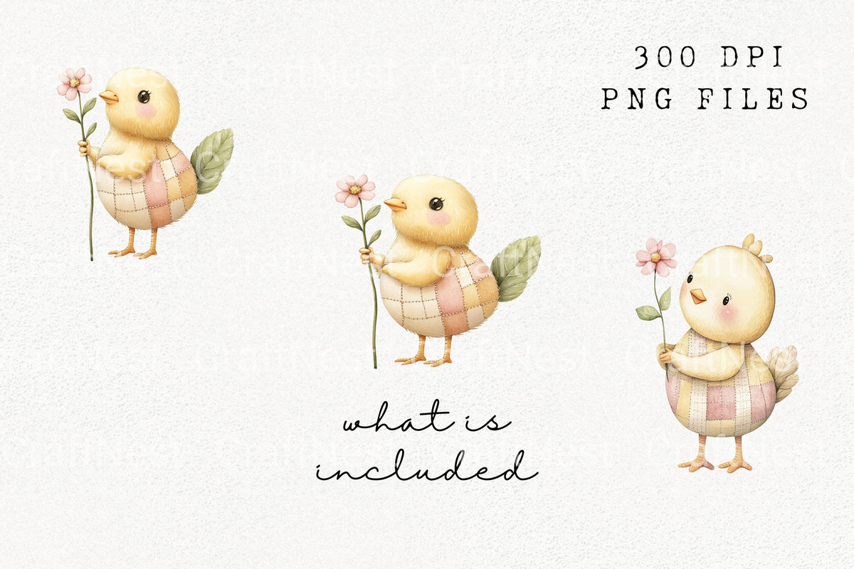 Quilted Chicks With Flowers Graphics Clipart Bundle