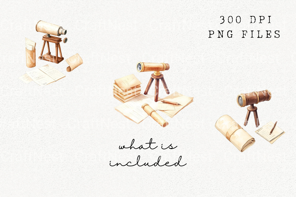 Vintage Telescope And Scrolls Clipart Bundle
