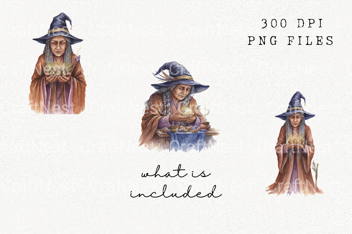 Elderly Witch Magic Spell Clipart Bundle