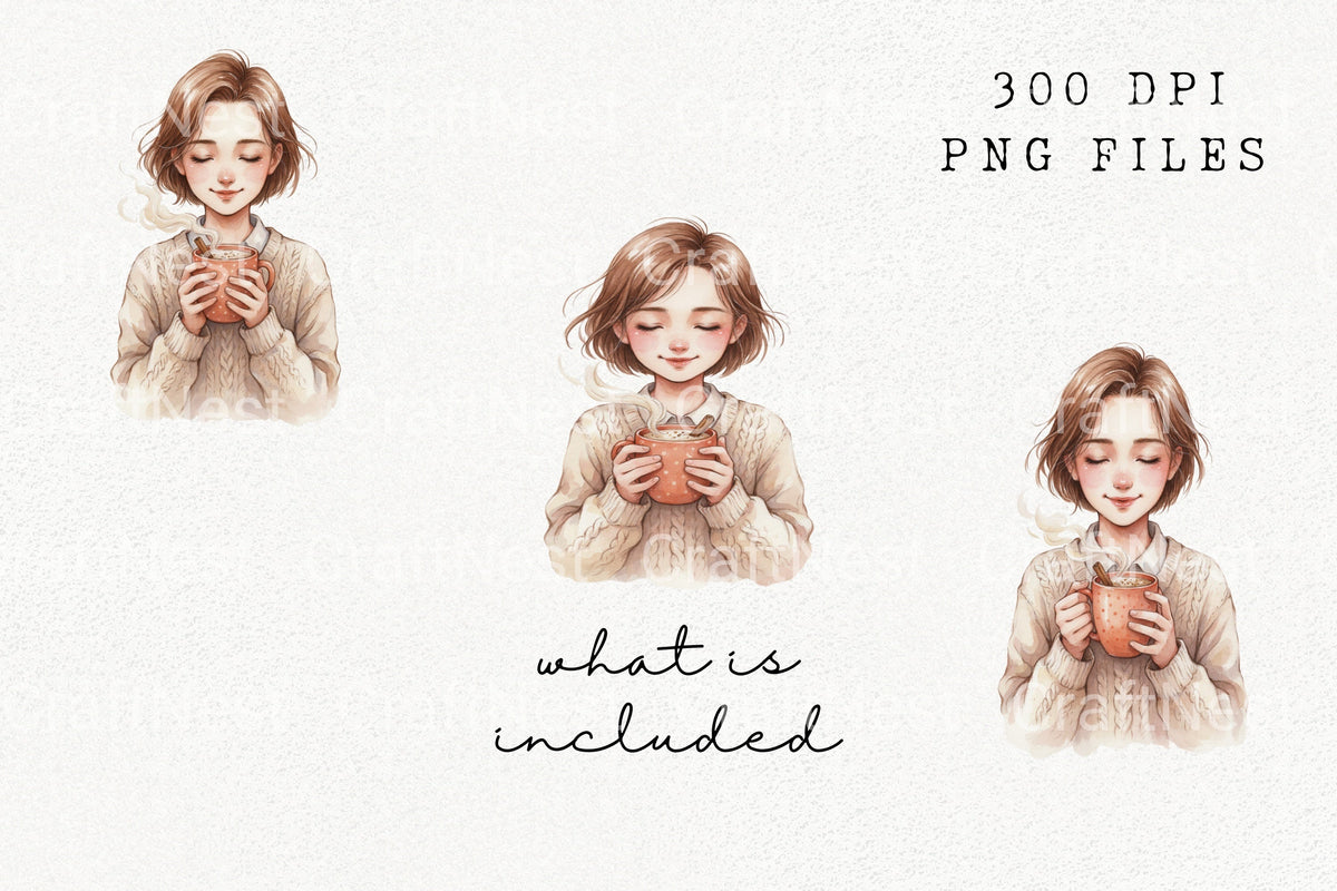 Cozy Girl Drinking Hot Cocoa Artwork Clipart Bundle