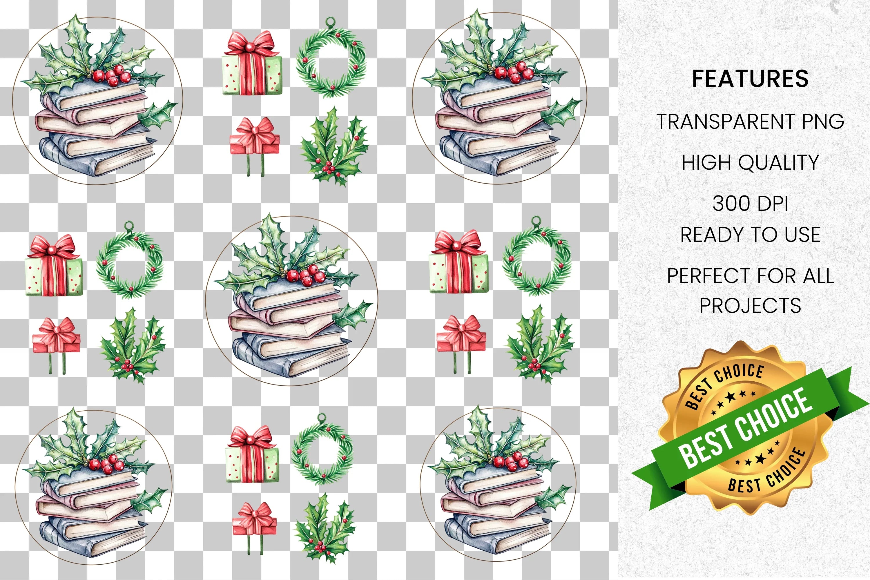Christmas Holly Books and Gifts Clipart Bundle