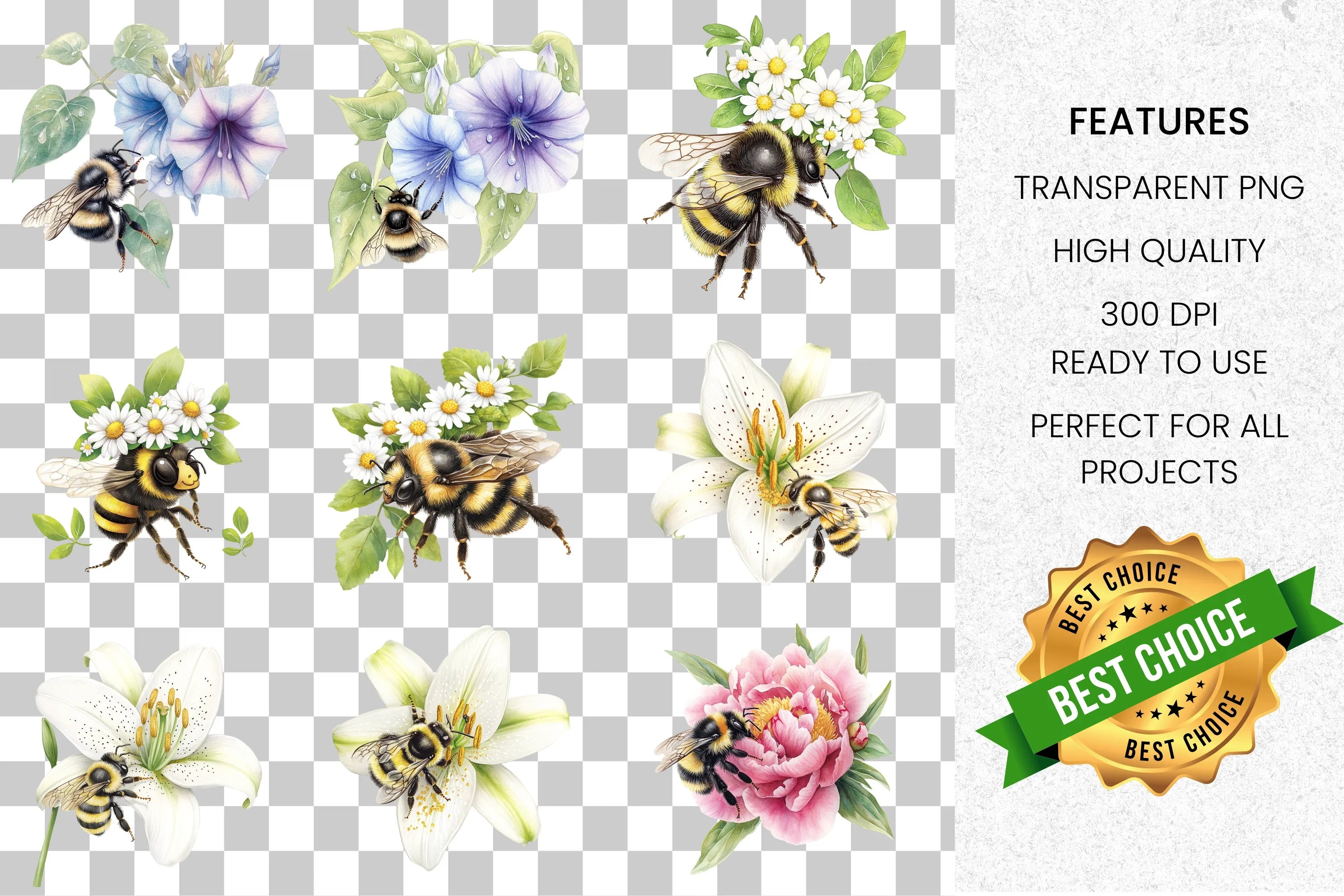 Bumblebee Flower Clipart Bundle