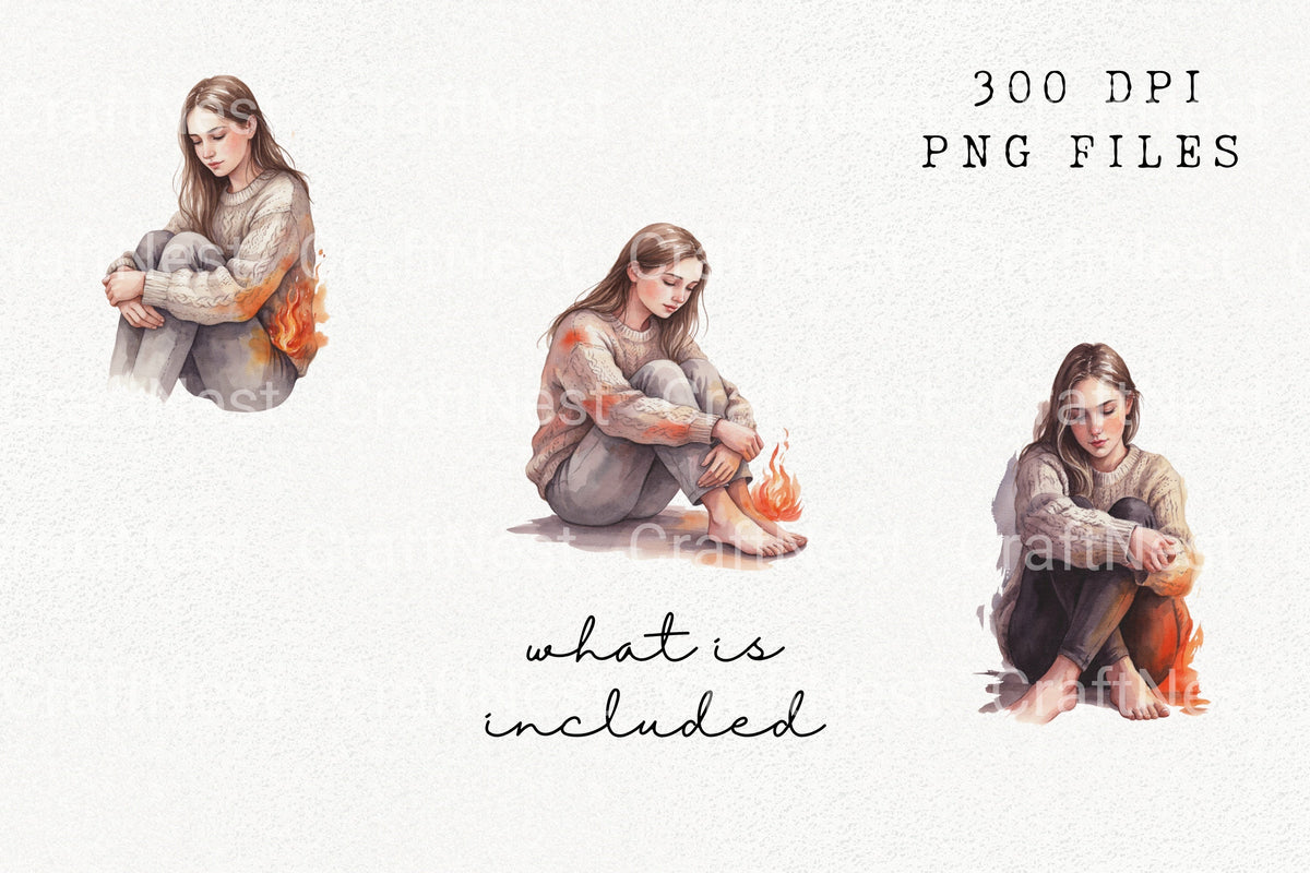Woman By Fireplace Illustrations Clipart Bundle