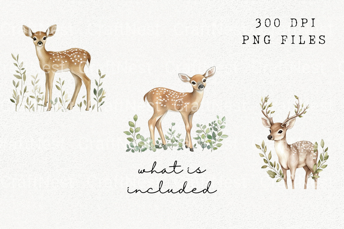 Cute Baby Deer With Leaves Clipart Bundle
