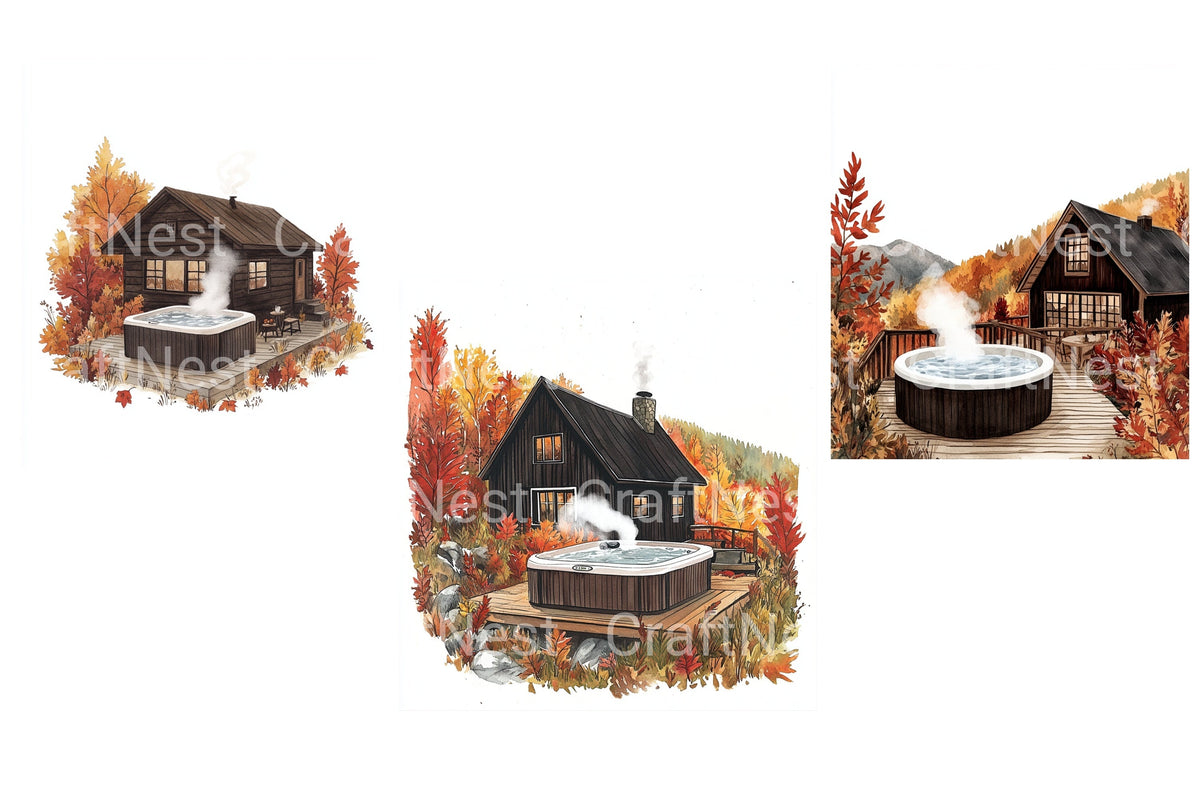 Autumn Cabin Hot Tub Clipart Bundle