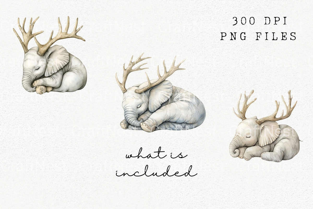 Sleeping Baby Elephant With Antlers Clipart Bundle