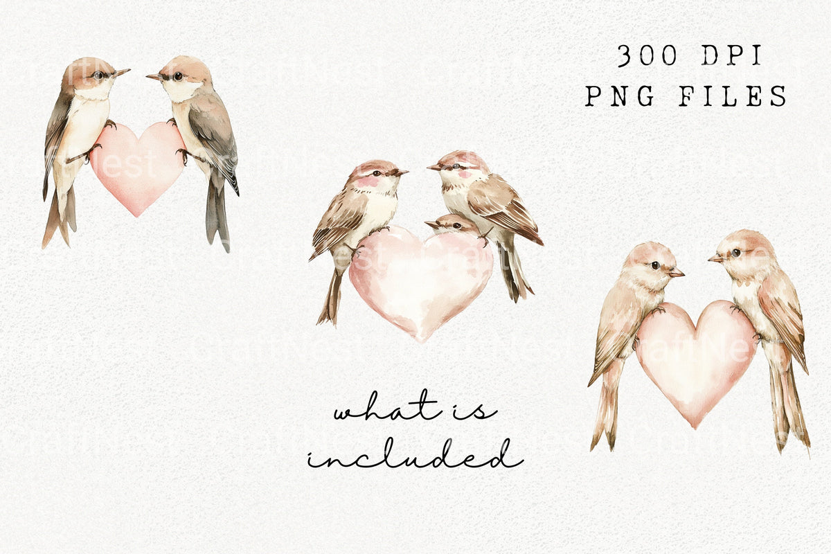 Sweet Birds With Hearts Clipart Bundle