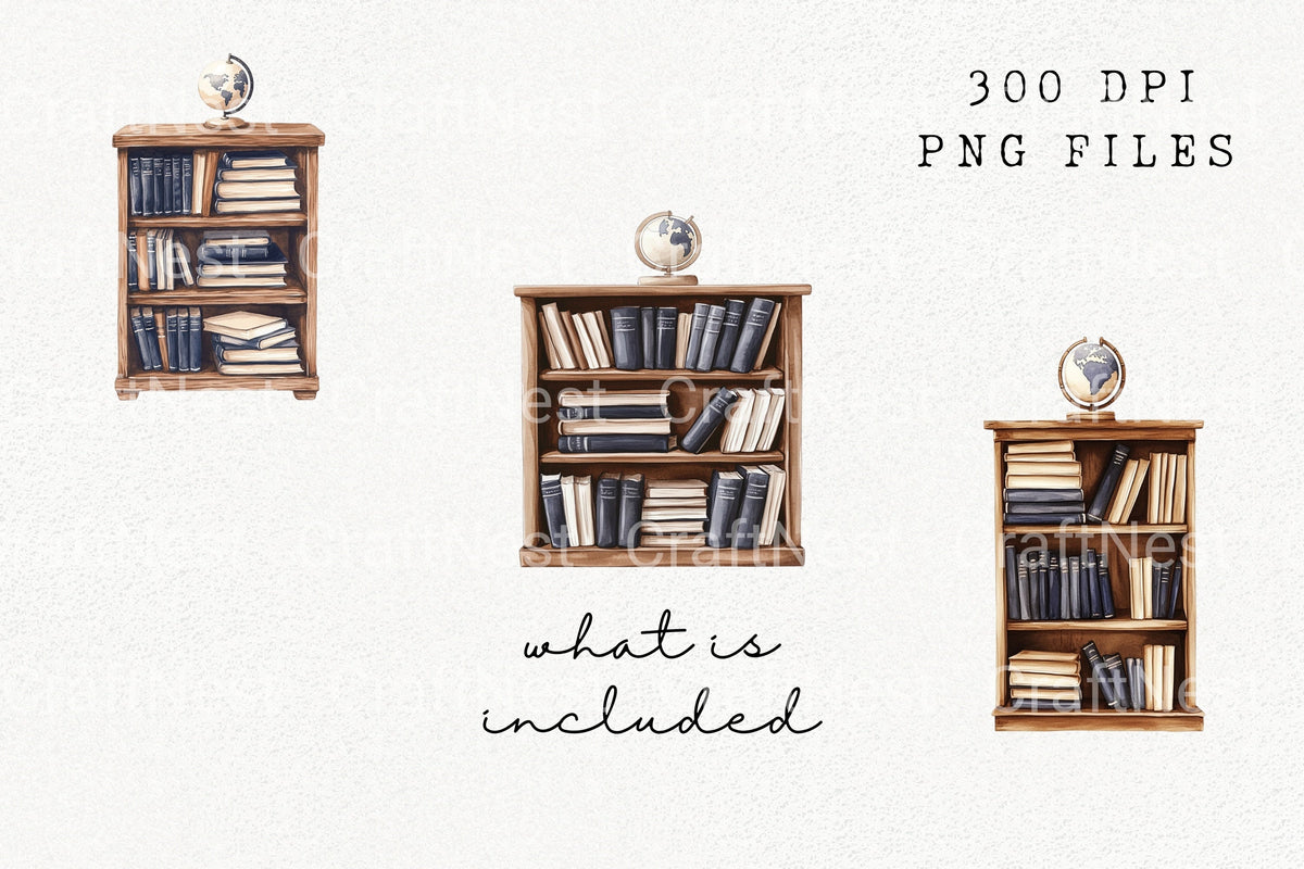 Dark Bookshelf And Globe Watercolor Clipart Planner