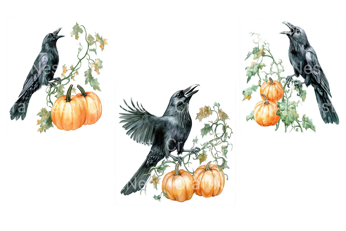 Spooky Crows With Halloween Pumpkins Clipart Bundle