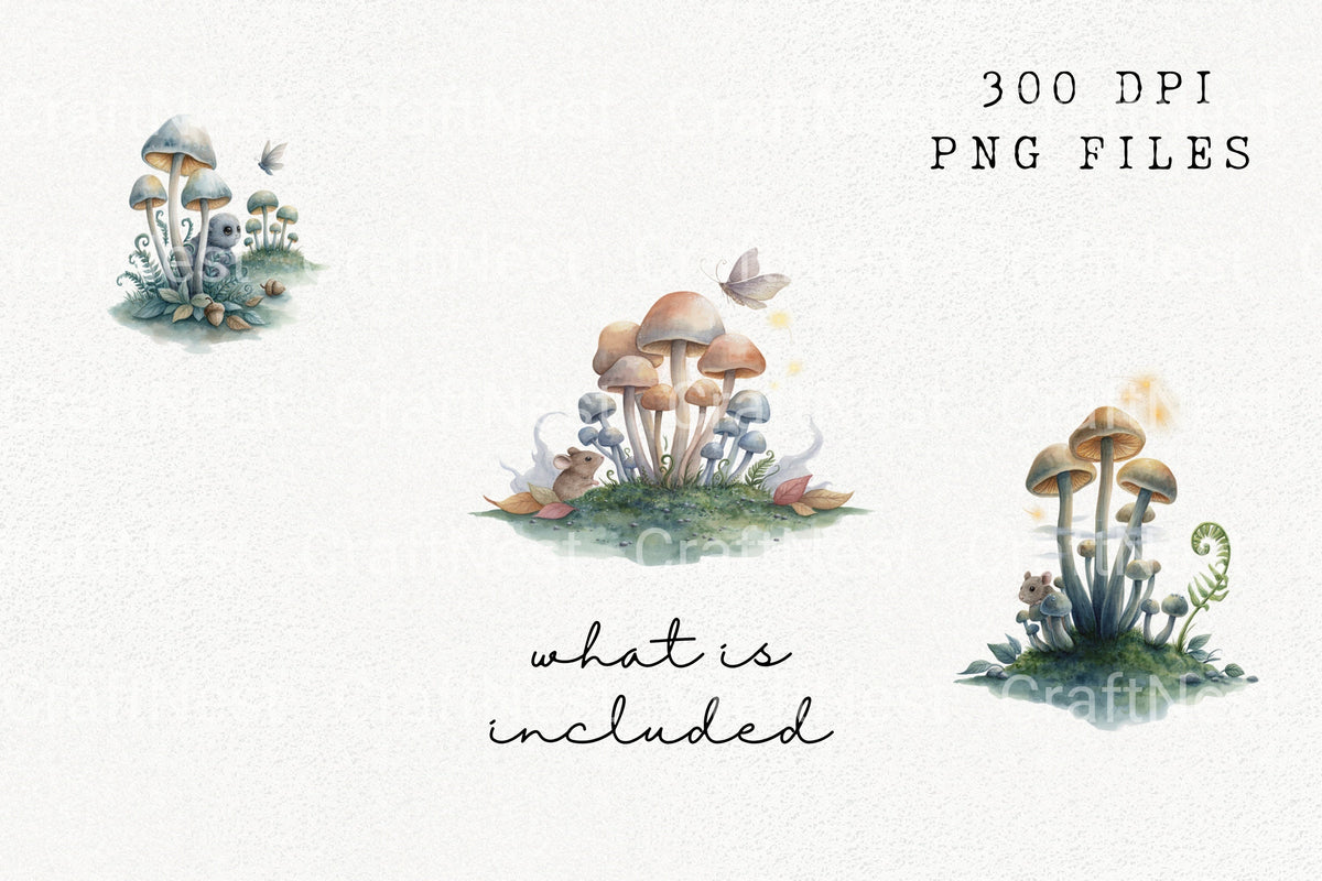Whimsical Forest Mushrooms Mouse Clipart Bundle