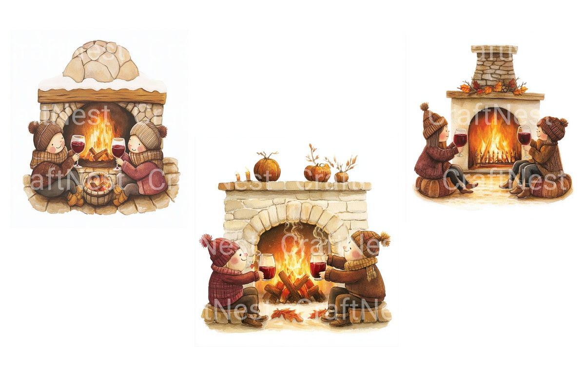 Cozy Fireplace Couple Drinking Wine Clipart Bundle