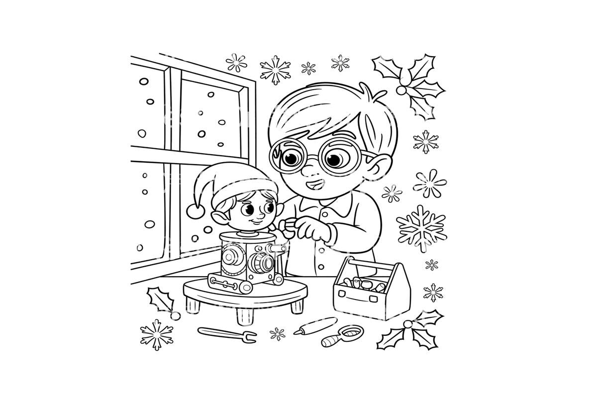 Christmas Elf and Boy Building Toy Coloring Books