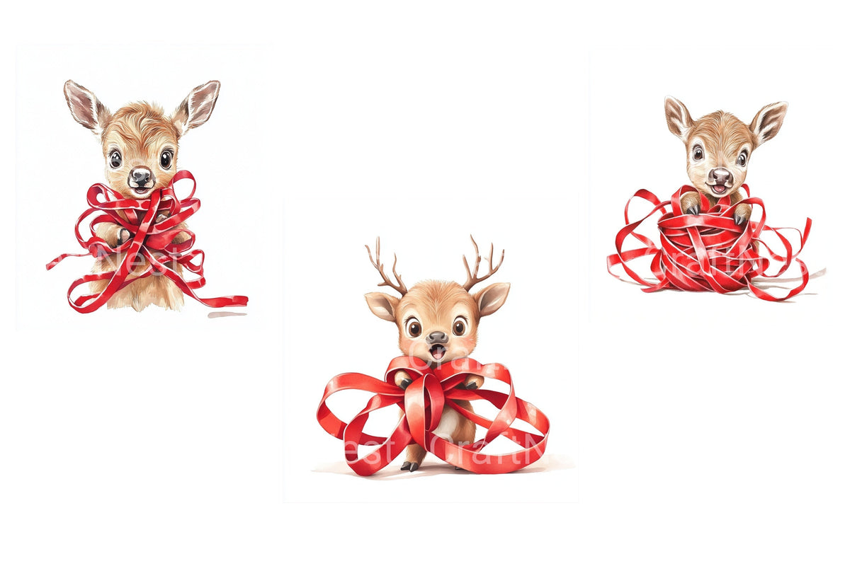 Cute Baby Deer With Red Ribbons Clipart Bundle