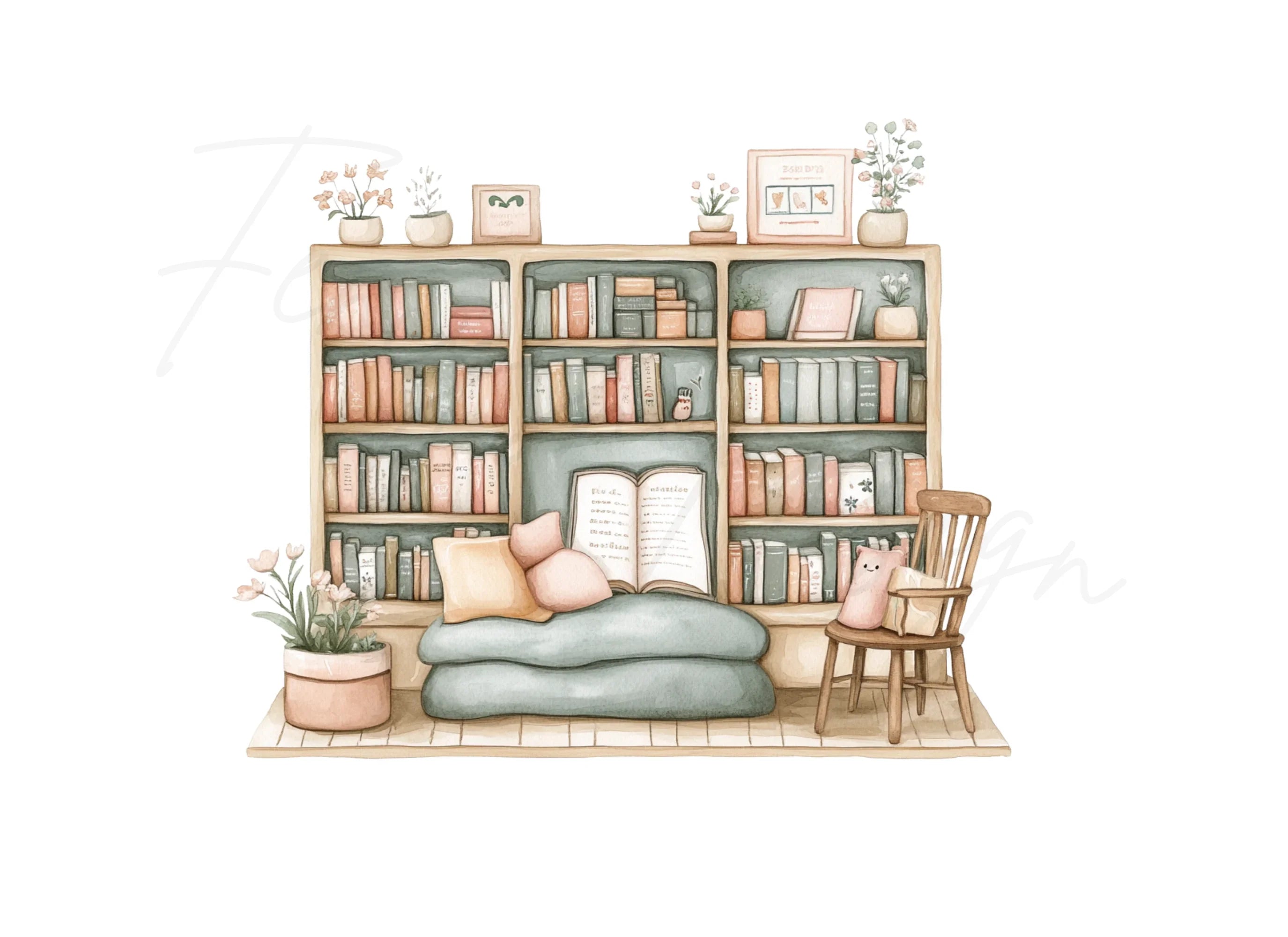 Bookshelf with Reading Cat Clipart Bundle