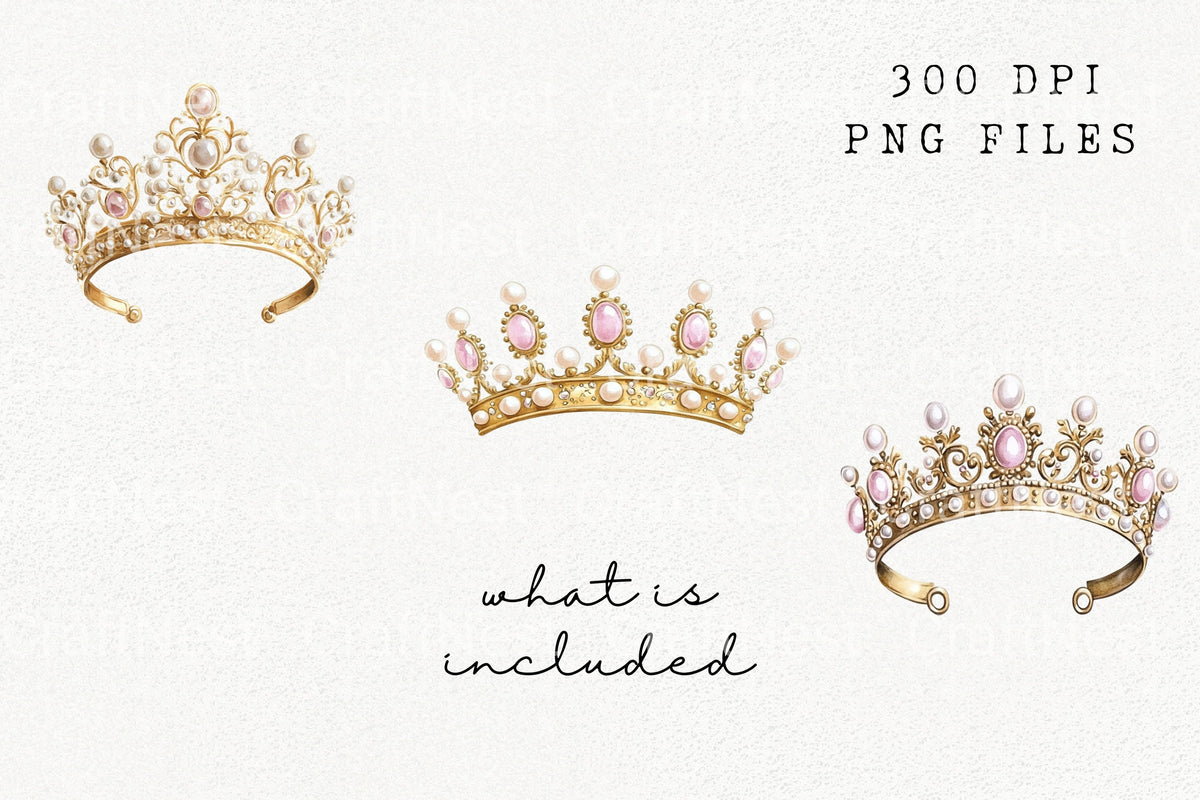 Pink Pearl Golden Crowns Clipart Bundle