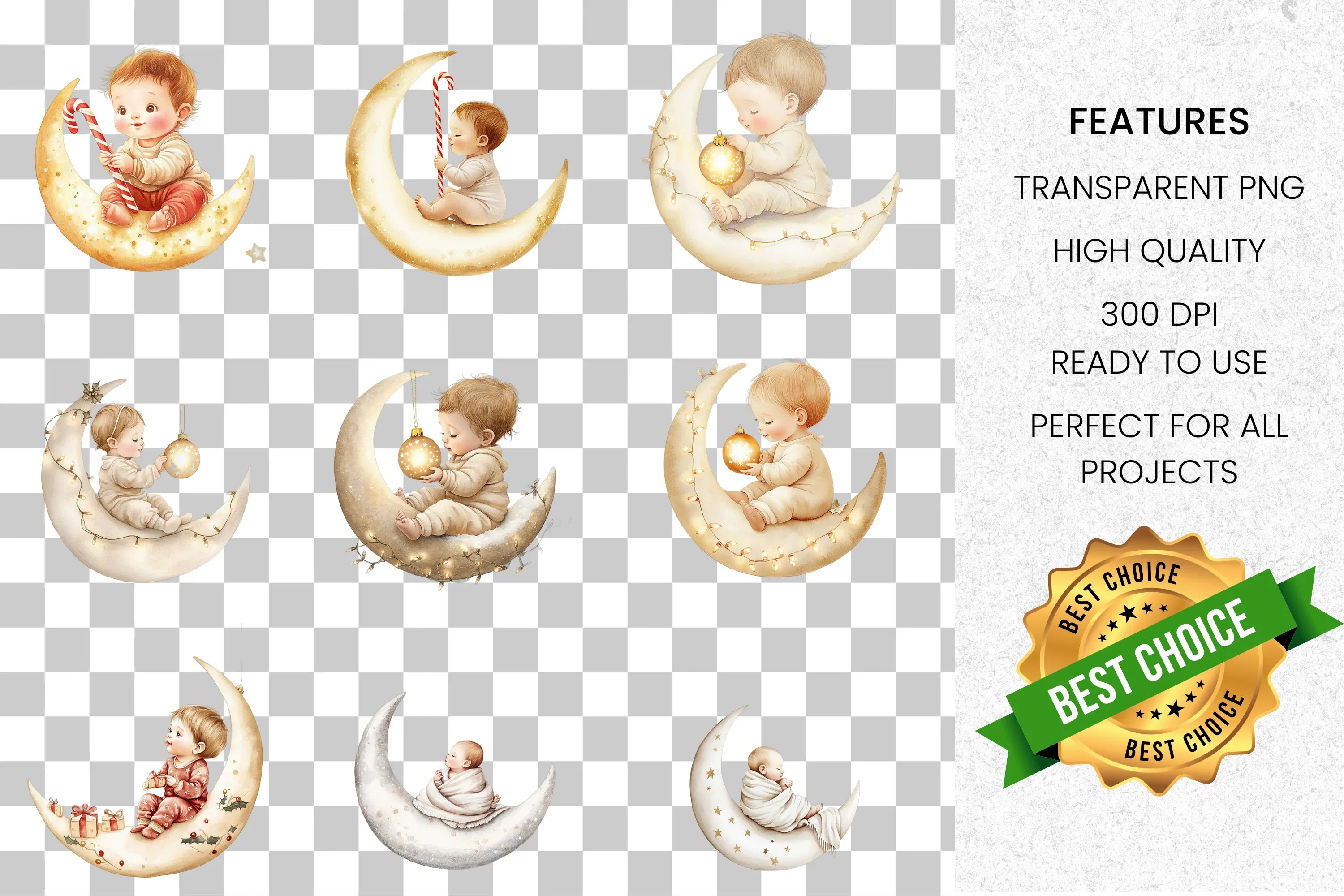 Baby on Moon Christmas Clipart Bundle