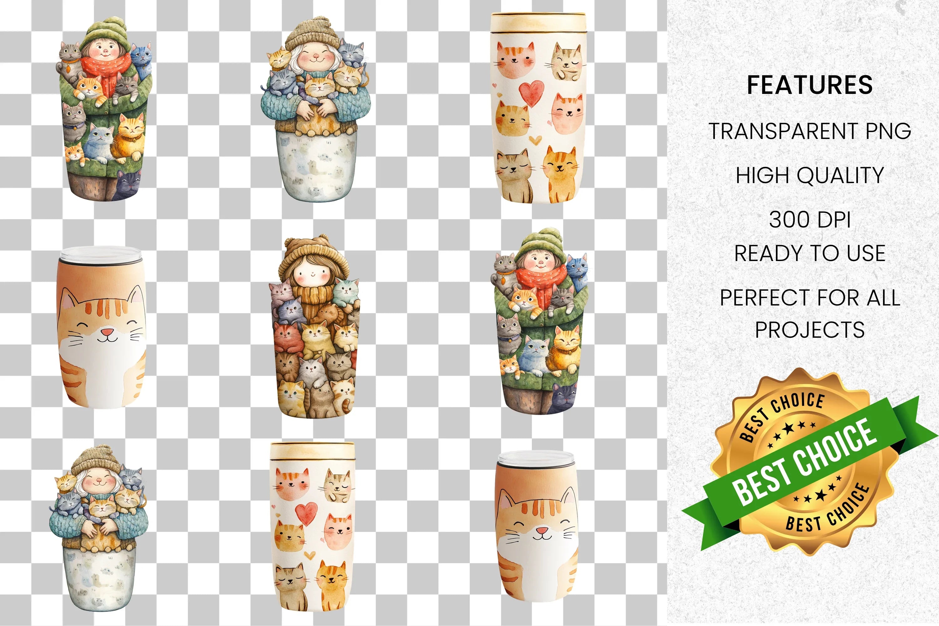 Whimsical Cute Cat Stacked Clipart Bundle