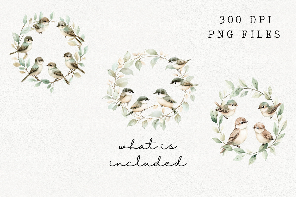 Small Birds Leaf Wreath Selection Clipart Bundle