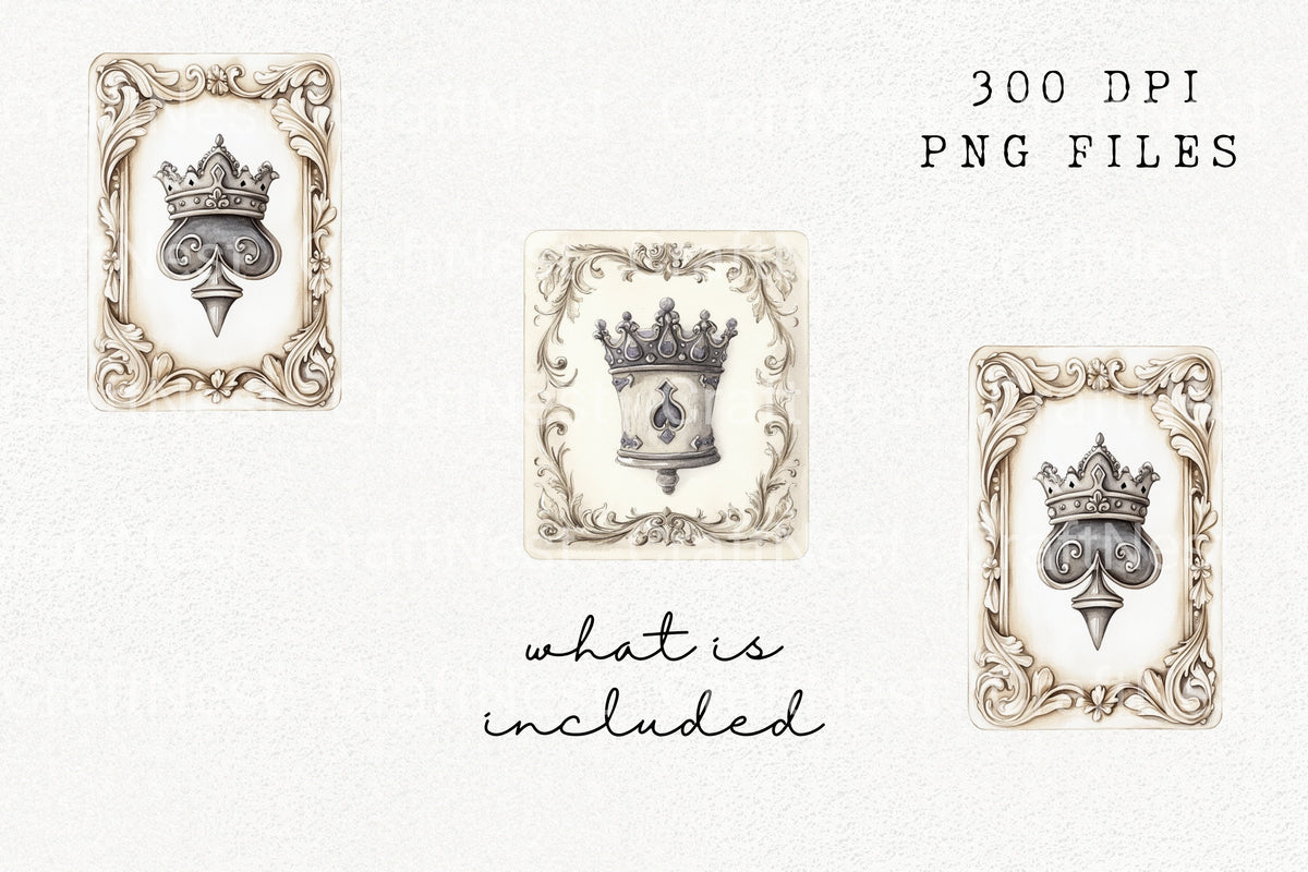 Vintage Playing Card Spade Crown Clipart Bundle