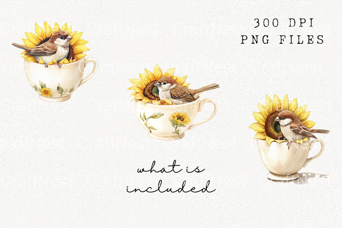 Sparrow On Sunflower Teacup Clipart Bundle