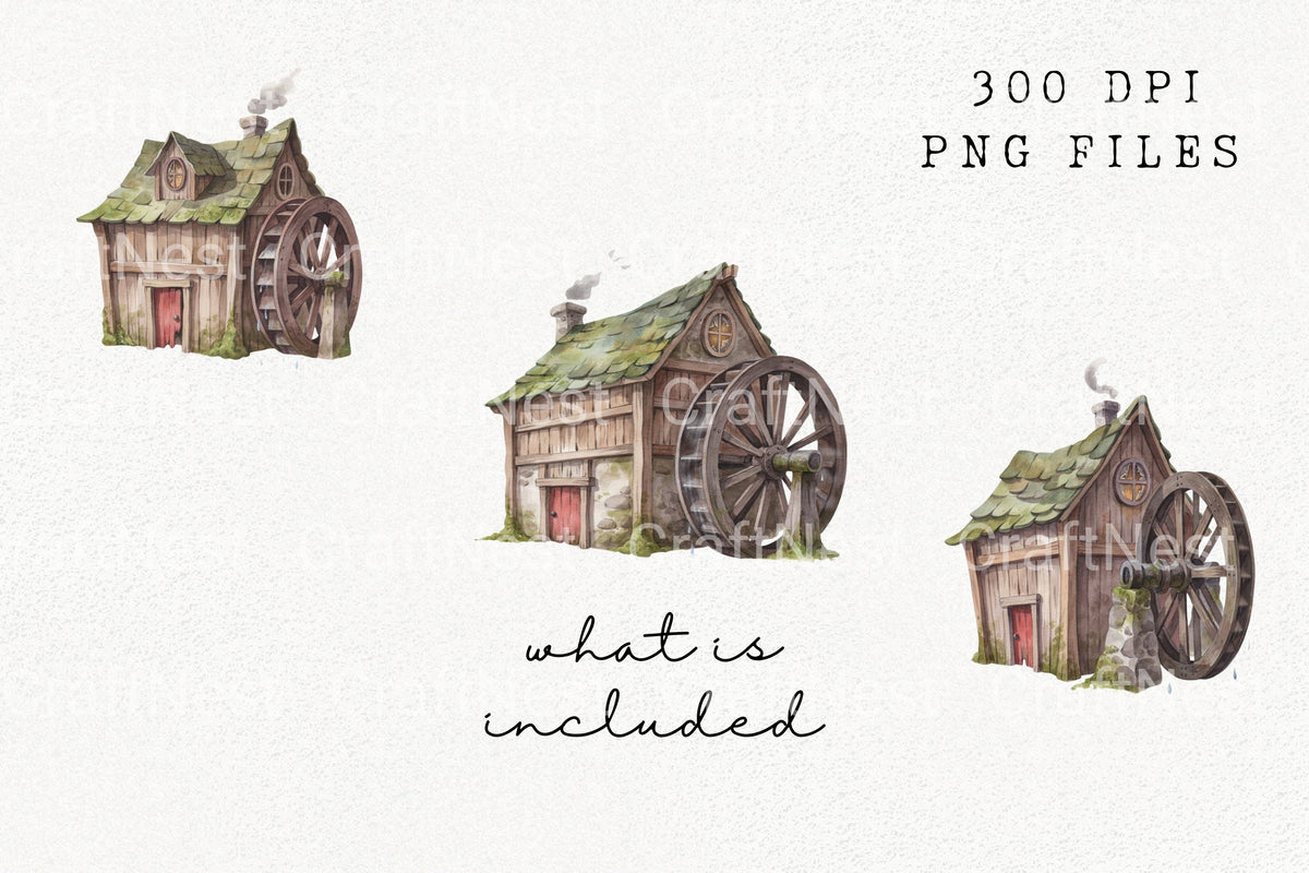 Rustic Old Watermill Buildings Clipart Bundle