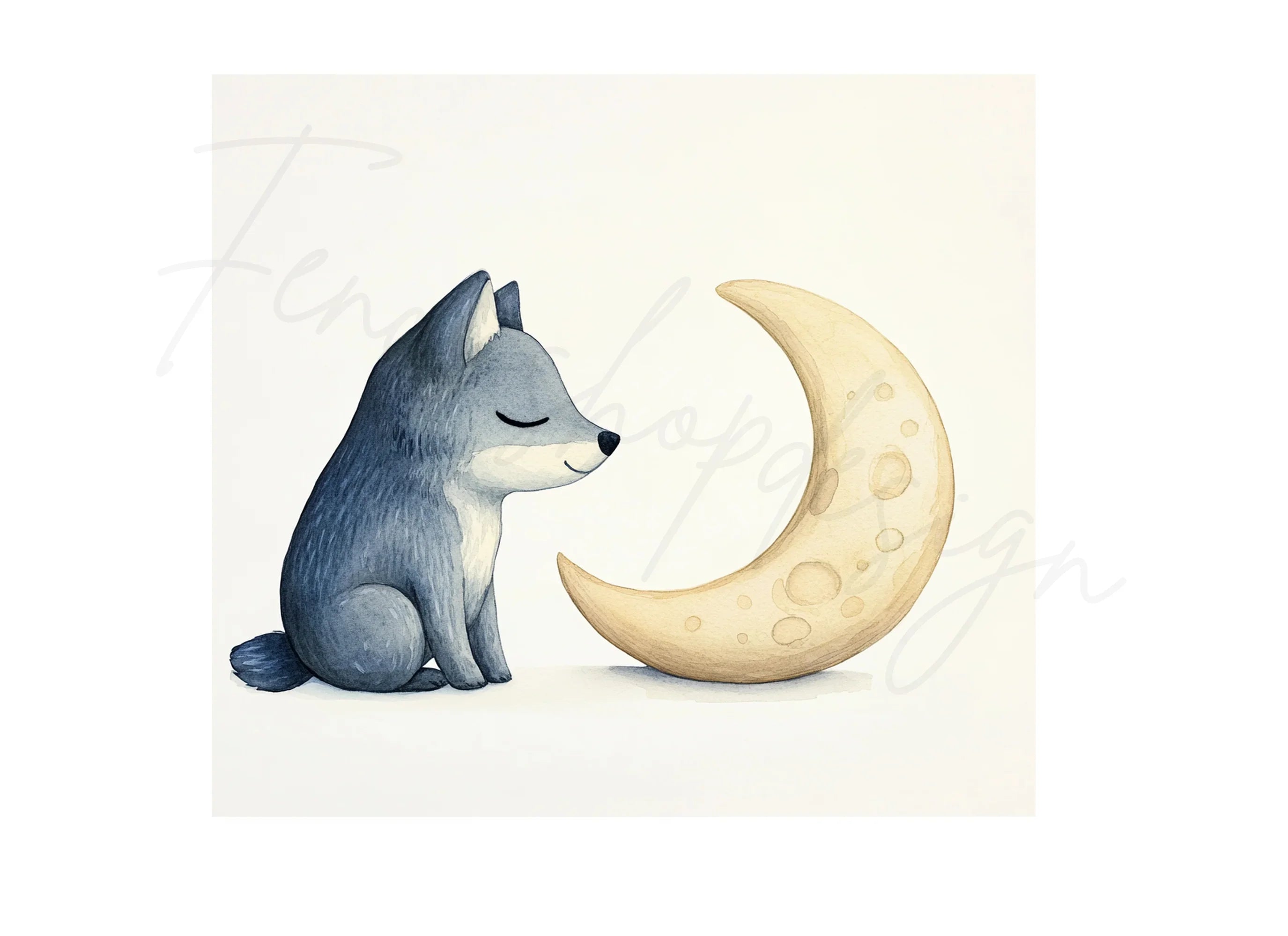 Cute Baby Wolf on Moon Clipart Bundle