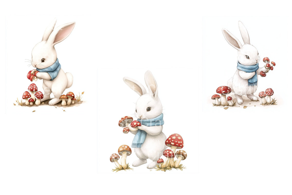 Cute Bunny With Mushrooms Clipart Bundle