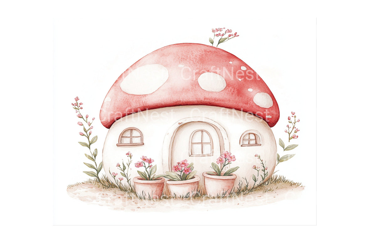 Sweet Mushroom House With Flowers Graphics Clipart Bundle