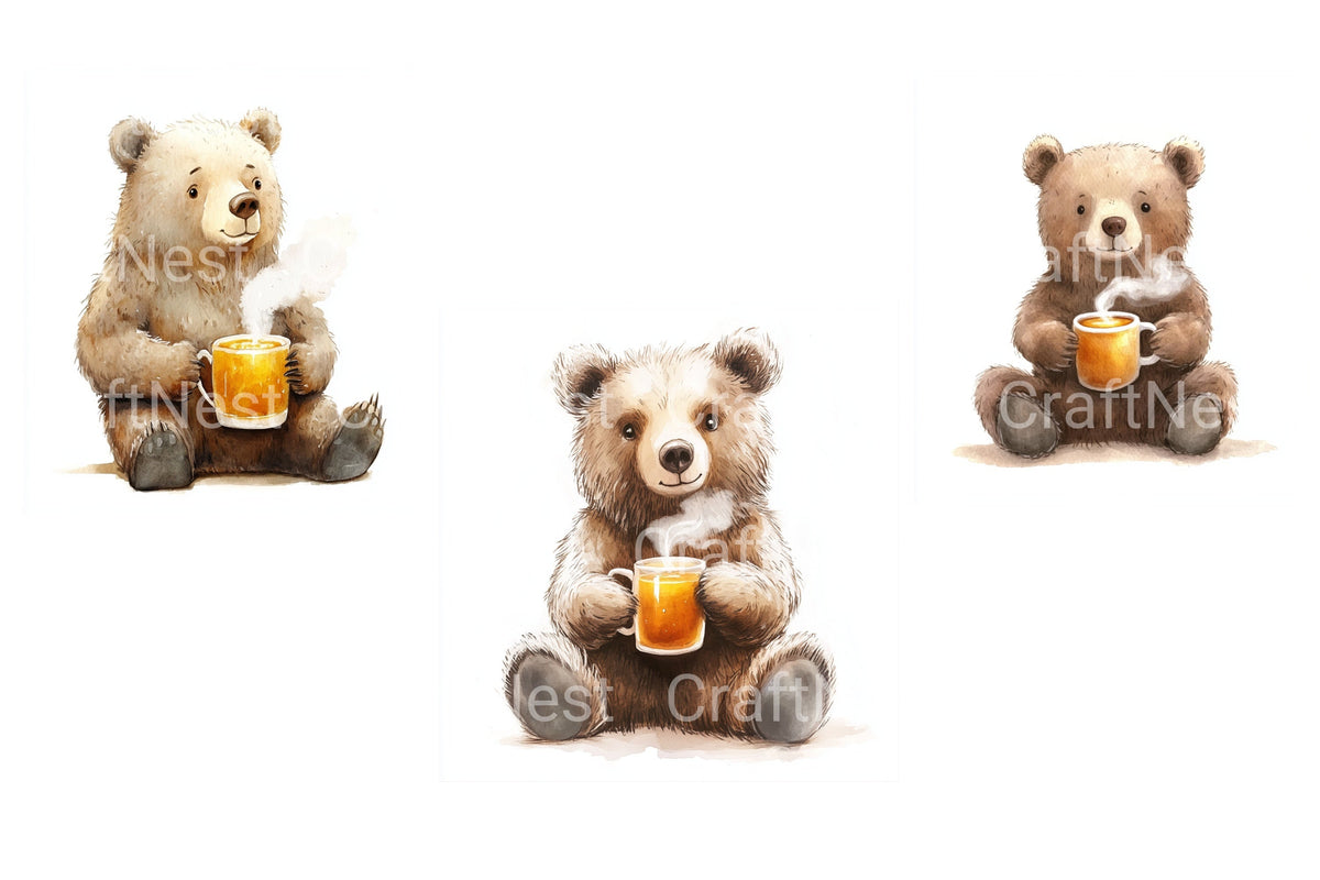 Cozy Bears Drinking Hot Beverages Clipart Bundle