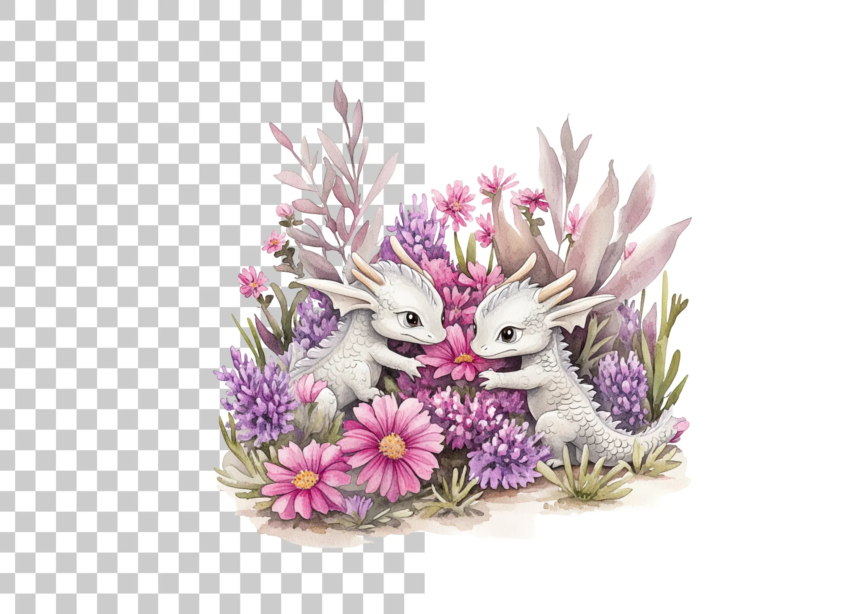 Cute Baby Dragons in Flower Garden Clipart Bundle