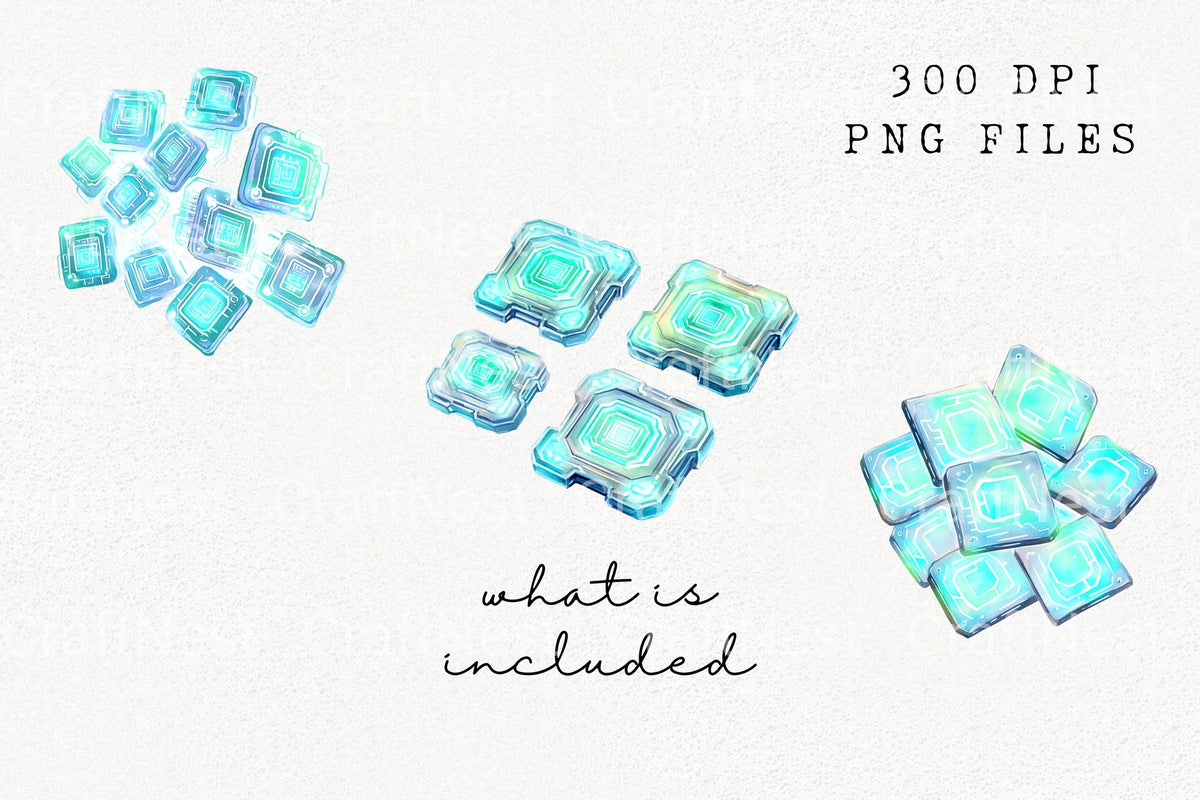 Sci Fi Cyan Glowing Tech Chips Clipart Bundle