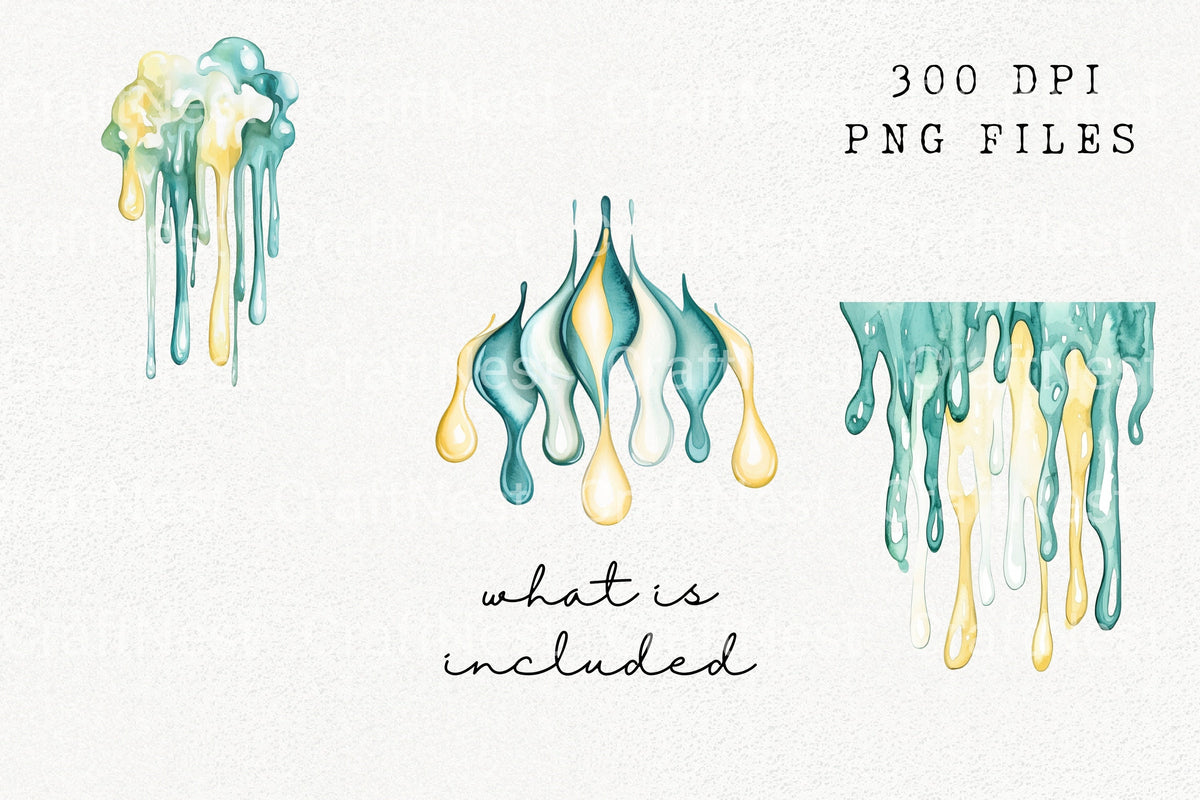 Teal And Gold Paint Drips Clipart Bundle